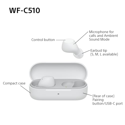 Sony WF-C510 Truly Wireless Earbuds – Small, Light, Bluetooth In Ear Headphones with Multipoint Connection, Ambient Sound, IPX4 Rating, Spotify Tap, Quick Charge, 22 HR Battery, iOS & Android - White