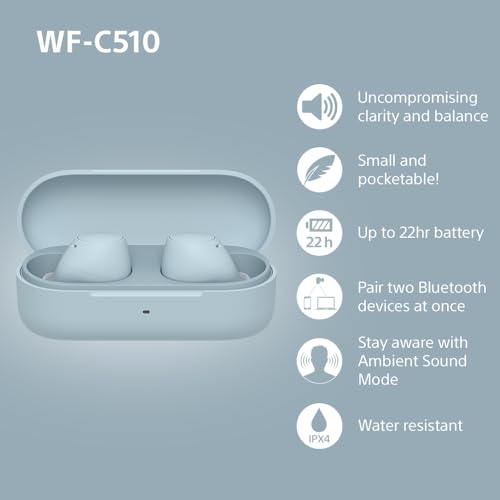 Sony WF-C510 Truly Wireless Earbuds – Small, Light, Bluetooth In Ear Headphones with Multipoint Connection, Ambient Sound, IPX4 Rating, Spotify Tap, Quick Charge, 22 HR Battery, iOS & Android - White