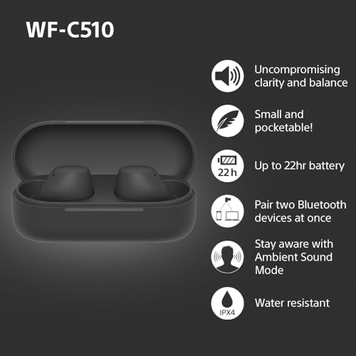 Sony WF-C510 Truly Wireless Earbuds – Small, Light, Bluetooth In Ear Headphones with Multipoint Connection, Ambient Sound, IPX4 Rating, Spotify Tap, Quick Charge, 22 HR Battery, iOS & Android - White