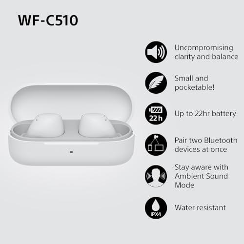 Sony WF-C510 Truly Wireless Earbuds – Small, Light, Bluetooth In Ear Headphones with Multipoint Connection, Ambient Sound, IPX4 Rating, Spotify Tap, Quick Charge, 22 HR Battery, iOS & Android - White
