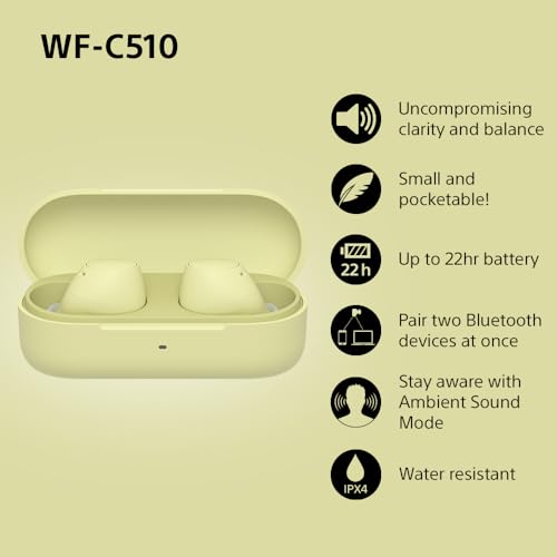 Sony WF-C510 Truly Wireless Earbuds – Small, Light, Bluetooth In Ear Headphones with Multipoint Connection, Ambient Sound, IPX4 Rating, Spotify Tap, Quick Charge, 22 HR Battery, iOS & Android - White