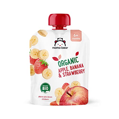 Amazon Brand - Mama Bear Fruit Pouch, Organic Apple, Banana and Strawberry Purée, vegetarian, 90 g (Pack of 6)