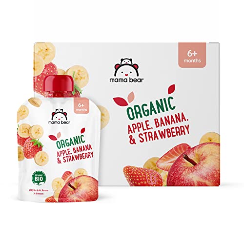 Amazon Brand - Mama Bear Fruit Pouch, Organic Apple, Banana and Strawberry Purée, vegetarian, 90 g (Pack of 6)