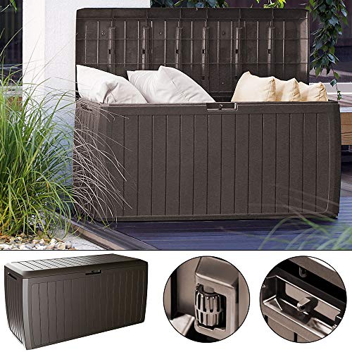 CASARIA® 290 Litre Garden Storage Box | Plastic Outdoor Tool Chest on Wheels | Lockable | Parcel Box | Log Store | Weatherproof | Wood Effect | 117x47x60cm | Brown