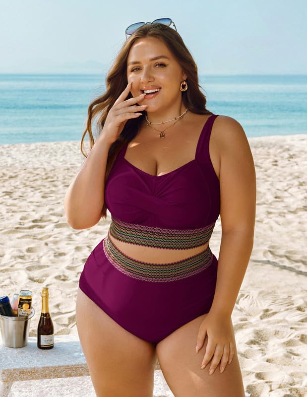 Women's Plus Size Bikini Set Tummy Control Swimwear Twist Cross Push Up Bikini Top and High Waist Bikini Bottoms Soft Swimming Costume Curvy Swimsuits with Adjustable Shoulder Straps