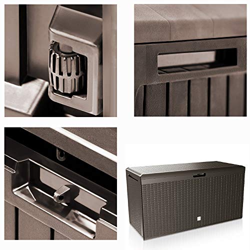 CASARIA® 290 Litre Garden Storage Box | Plastic Outdoor Tool Chest on Wheels | Lockable | Parcel Box | Log Store | Weatherproof | Wood Effect | 117x47x60cm | Brown