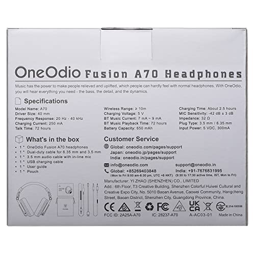 OneOdio A70 Bluetooth Headphones Over Ear, 72 Hrs Playtime, Monitor Level Stereo Sound Quality, Foldable Wireless&Wired DJ Headphone, Professional Studio Headphones for DJ/TV/PC/Phone