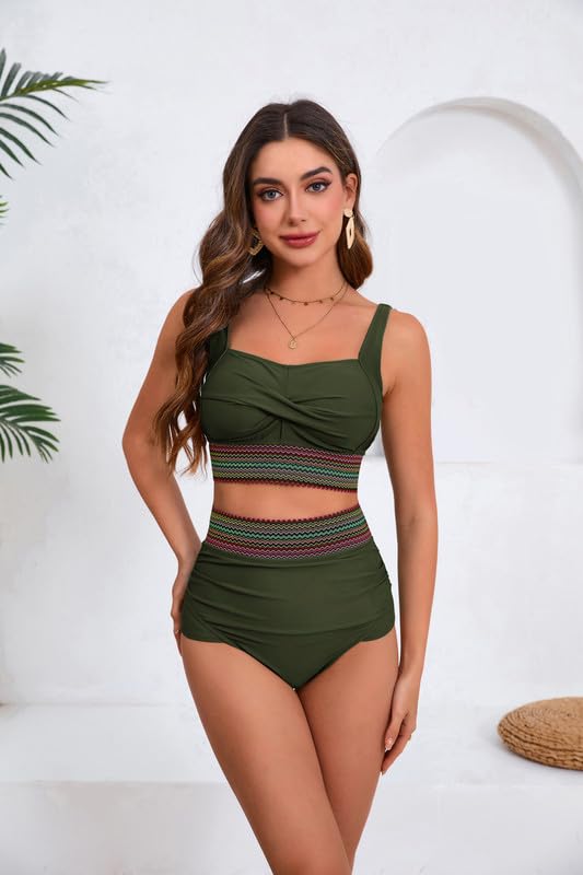 Women's Plus Size Bikini Set Tummy Control Swimwear Twist Cross Push Up Bikini Top and High Waist Bikini Bottoms Soft Swimming Costume Curvy Swimsuits with Adjustable Shoulder Straps