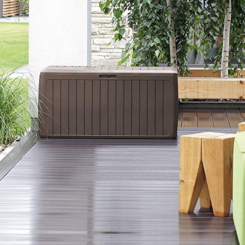 CASARIA® 290 Litre Garden Storage Box | Plastic Outdoor Tool Chest on Wheels | Lockable | Parcel Box | Log Store | Weatherproof | Wood Effect | 117x47x60cm | Brown