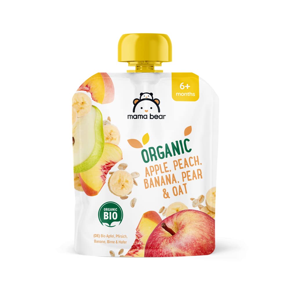 Amazon Brand - Mama Bear Fruit Pouch, Organic Apple, Banana and Strawberry Purée, vegetarian, 90 g (Pack of 6)