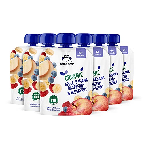 Amazon Brand - Mama Bear Fruit Pouch, Organic Apple, Banana and Strawberry Purée, vegetarian, 90 g (Pack of 6)
