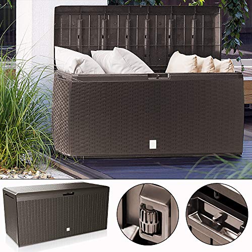 CASARIA® 290 Litre Garden Storage Box | Plastic Outdoor Tool Chest on Wheels | Lockable | Parcel Box | Log Store | Weatherproof | Wood Effect | 117x47x60cm | Brown