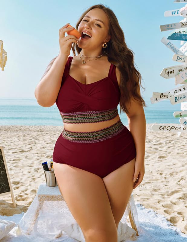 Women's Plus Size Bikini Set Tummy Control Swimwear Twist Cross Push Up Bikini Top and High Waist Bikini Bottoms Soft Swimming Costume Curvy Swimsuits with Adjustable Shoulder Straps