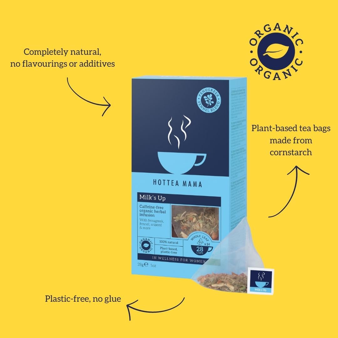 HOTTEA MAMA | Milk’s Up | Breastfeeding & Lactation Support Tea | Organic Fenugreek & Fennel | Caffeine-Free | Herbal Tea | 14 Whole Leaf Biodegradable Bags - Makes 28 Cups