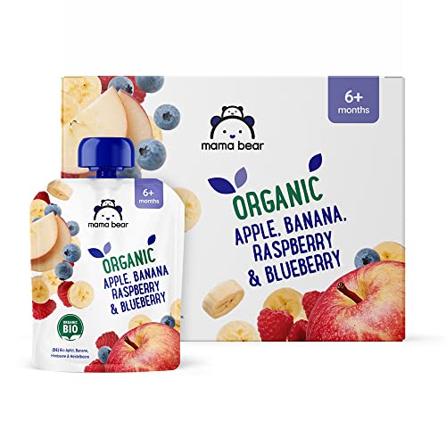 Amazon Brand - Mama Bear Fruit Pouch, Organic Apple, Banana and Strawberry Purée, vegetarian, 90 g (Pack of 6)