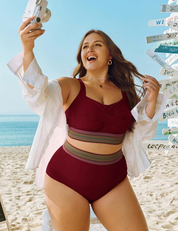 Women's Plus Size Bikini Set Tummy Control Swimwear Twist Cross Push Up Bikini Top and High Waist Bikini Bottoms Soft Swimming Costume Curvy Swimsuits with Adjustable Shoulder Straps