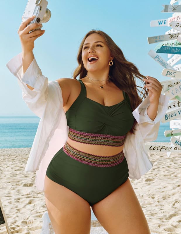 Women's Plus Size Bikini Set Tummy Control Swimwear Twist Cross Push Up Bikini Top and High Waist Bikini Bottoms Soft Swimming Costume Curvy Swimsuits with Adjustable Shoulder Straps