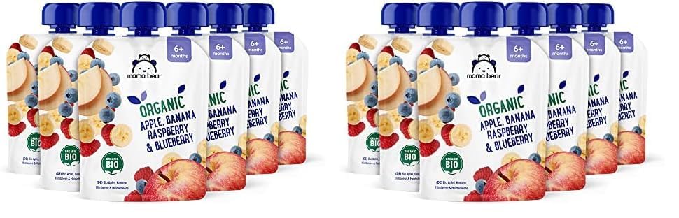 Amazon Brand - Mama Bear Fruit Pouch, Organic Apple, Banana and Strawberry Purée, vegetarian, 90 g (Pack of 6)