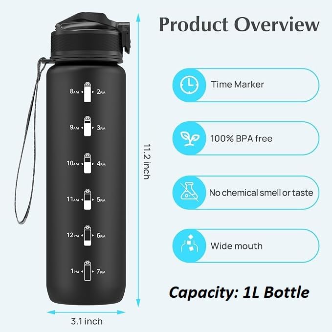 EYQ Water Bottle 1L / 500ML, 16oz / 32oz Leak-Proof Motivational Sports Drinks Bottle with Time Marker, Tritan BPA-Free, Drinking Waterbottles for Fitness, School, Gym, Outdoor Sports
