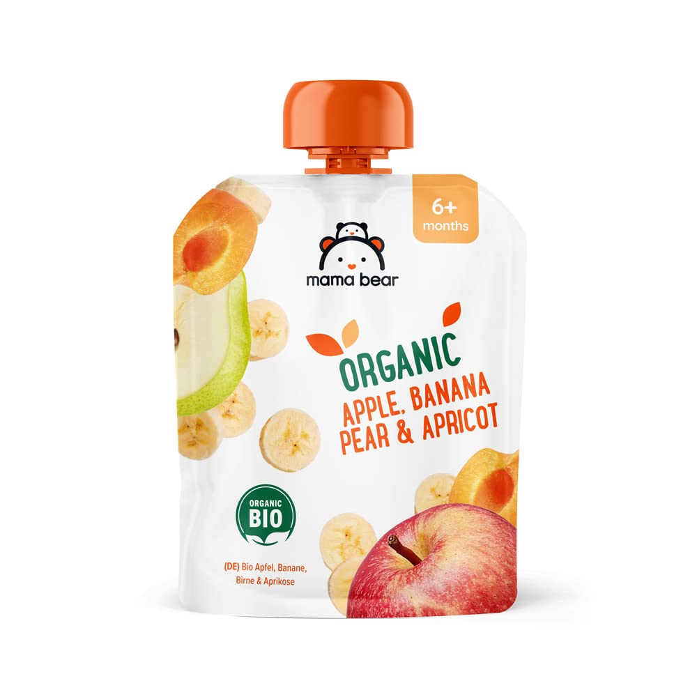 Amazon Brand - Mama Bear Fruit Pouch, Organic Apple, Banana and Strawberry Purée, vegetarian, 90 g (Pack of 6)
