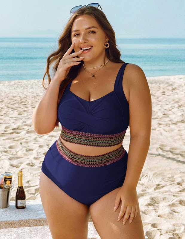 Women's Plus Size Bikini Set Tummy Control Swimwear Twist Cross Push Up Bikini Top and High Waist Bikini Bottoms Soft Swimming Costume Curvy Swimsuits with Adjustable Shoulder Straps