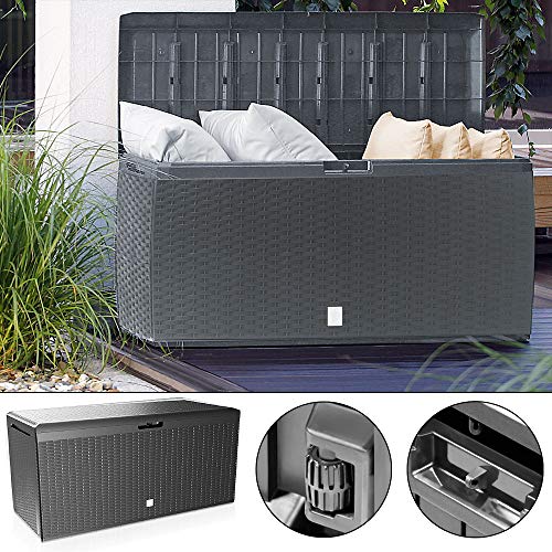 CASARIA® 290 Litre Garden Storage Box | Plastic Outdoor Tool Chest on Wheels | Lockable | Parcel Box | Log Store | Weatherproof | Wood Effect | 117x47x60cm | Brown