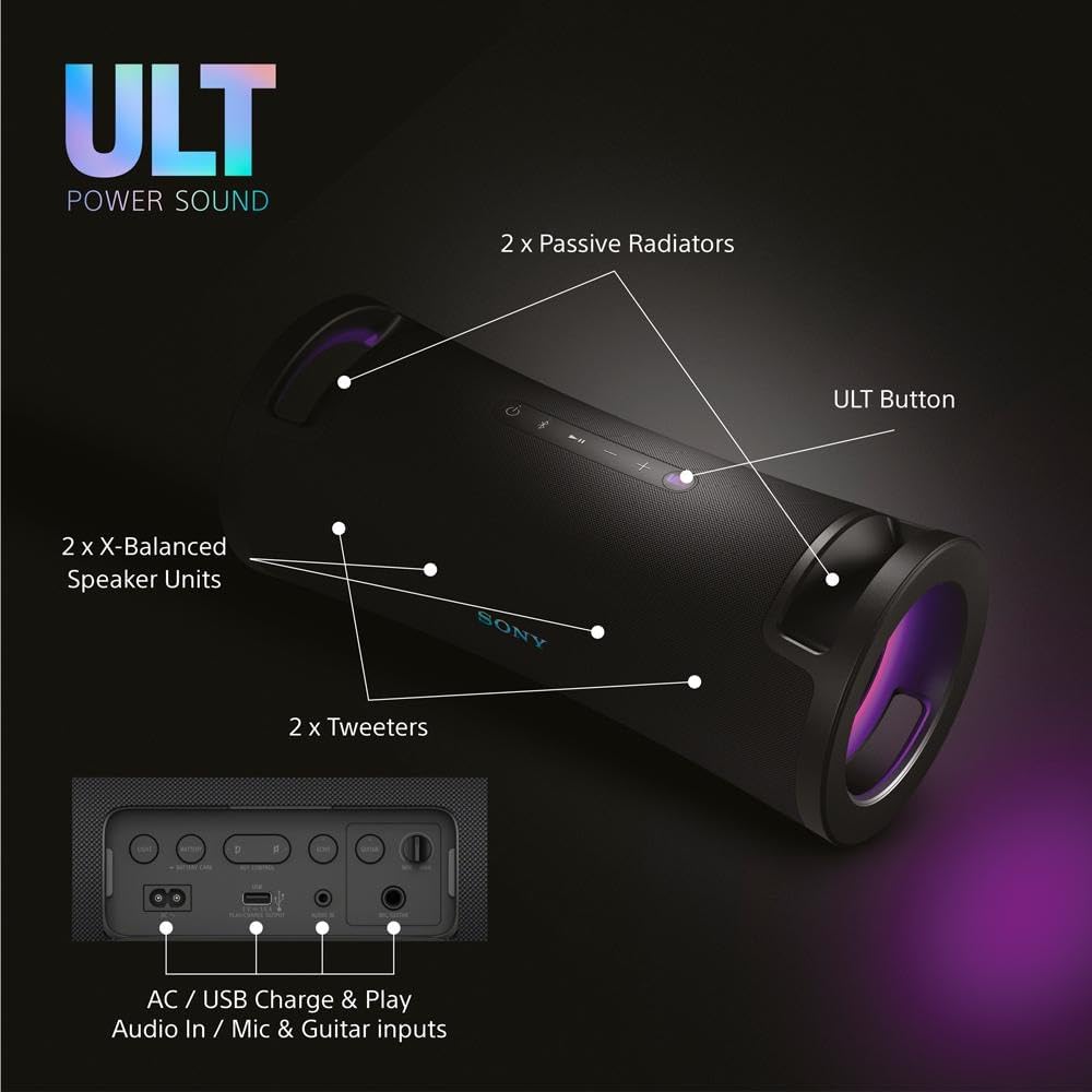 Sony ULT FIELD 7 - Wireless Bluetooth Portable Speaker with ULT POWER SOUND, Ultimate Deep BASS, X Balanced Speaker, 30 HR Battery, IP67, Waterproof, LED Lighting, Mic, Guitar Input - Black
