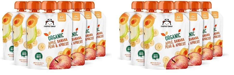 Amazon Brand - Mama Bear Fruit Pouch, Organic Apple, Banana and Strawberry Purée, vegetarian, 90 g (Pack of 6)