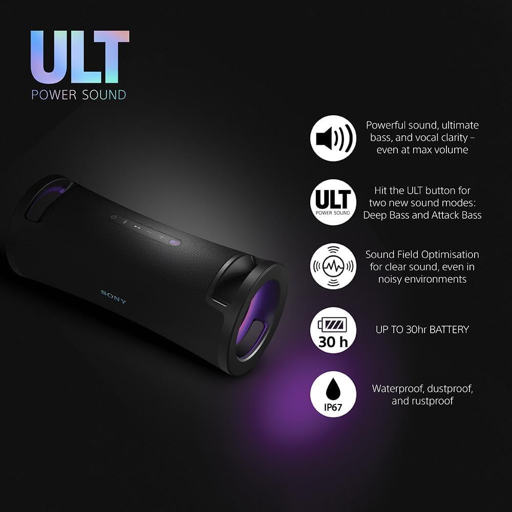 Sony ULT FIELD 7 - Wireless Bluetooth Portable Speaker with ULT POWER SOUND, Ultimate Deep BASS, X Balanced Speaker, 30 HR Battery, IP67, Waterproof, LED Lighting, Mic, Guitar Input - Black