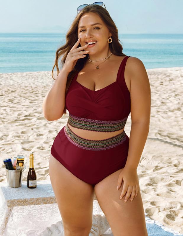 Women's Plus Size Bikini Set Tummy Control Swimwear Twist Cross Push Up Bikini Top and High Waist Bikini Bottoms Soft Swimming Costume Curvy Swimsuits with Adjustable Shoulder Straps