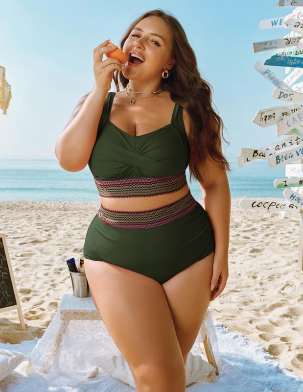 Women's Plus Size Bikini Set Tummy Control Swimwear Twist Cross Push Up Bikini Top and High Waist Bikini Bottoms Soft Swimming Costume Curvy Swimsuits with Adjustable Shoulder Straps