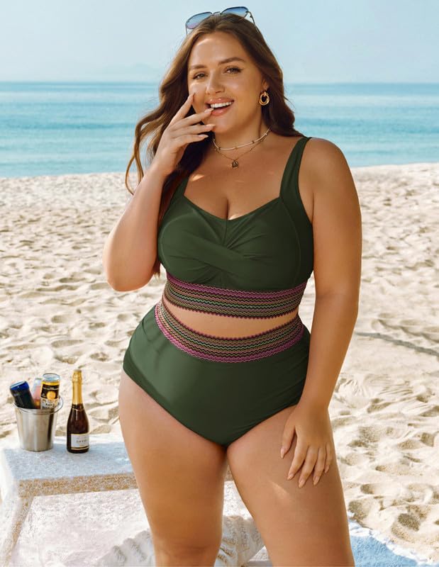 Women's Plus Size Bikini Set Tummy Control Swimwear Twist Cross Push Up Bikini Top and High Waist Bikini Bottoms Soft Swimming Costume Curvy Swimsuits with Adjustable Shoulder Straps