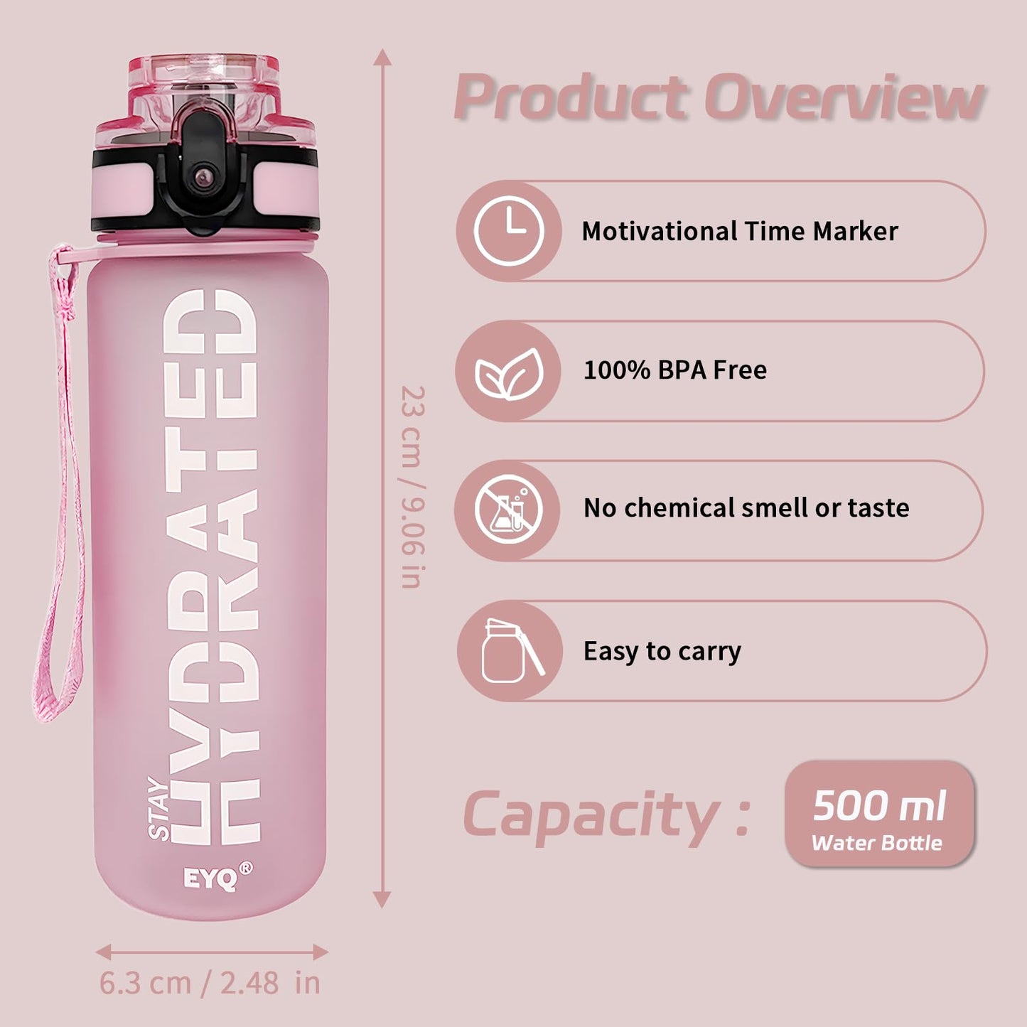 EYQ Water Bottle 1L / 500ML, 16oz / 32oz Leak-Proof Motivational Sports Drinks Bottle with Time Marker, Tritan BPA-Free, Drinking Waterbottles for Fitness, School, Gym, Outdoor Sports