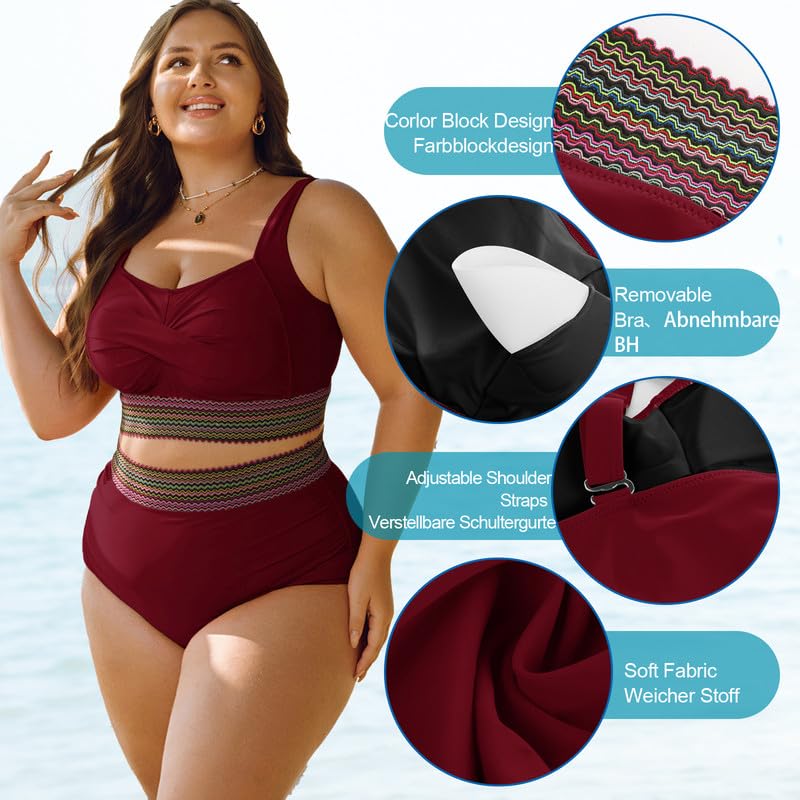 Women's Plus Size Bikini Set Tummy Control Swimwear Twist Cross Push Up Bikini Top and High Waist Bikini Bottoms Soft Swimming Costume Curvy Swimsuits with Adjustable Shoulder Straps