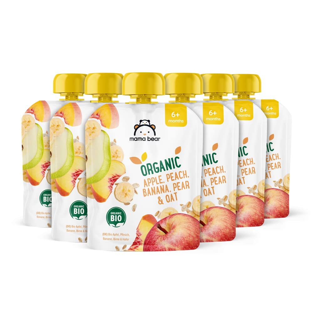 Amazon Brand - Mama Bear Fruit Pouch, Organic Apple, Banana and Strawberry Purée, vegetarian, 90 g (Pack of 6)