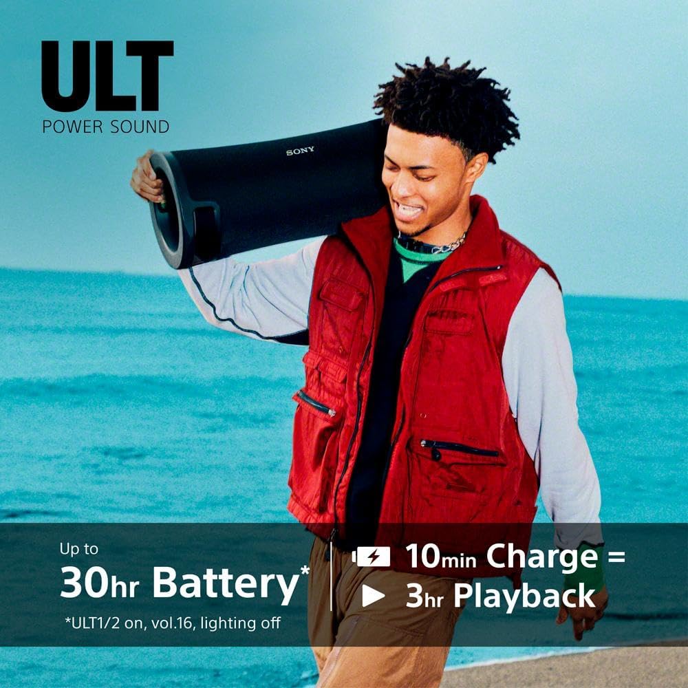 Sony ULT FIELD 7 - Wireless Bluetooth Portable Speaker with ULT POWER SOUND, Ultimate Deep BASS, X Balanced Speaker, 30 HR Battery, IP67, Waterproof, LED Lighting, Mic, Guitar Input - Black