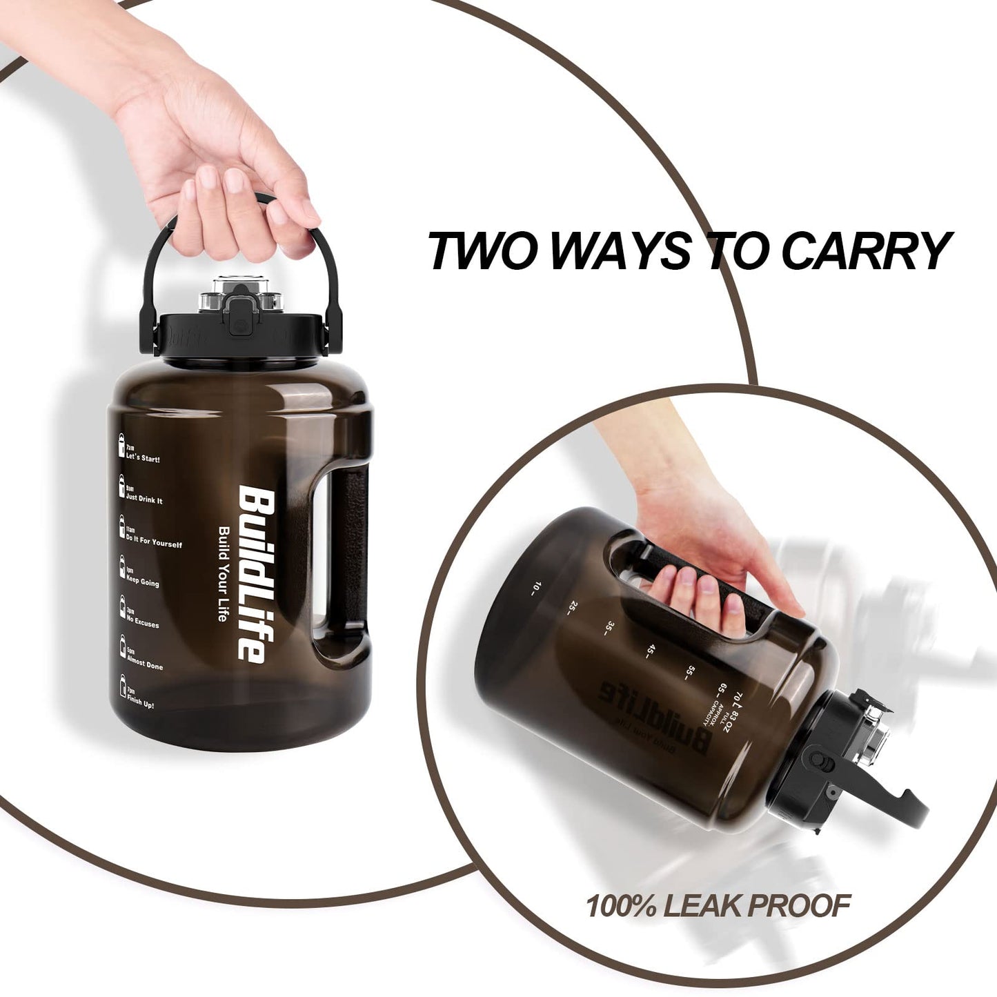 BuildLife Water Bottles with Straw & Flip Cap 2 in 1 Lid - Large Water Bottle with Time Markings BPA Free Leak Proof Wide Mouth Drinks Bottle,2.5 Litre Durable Sports Water Bottle (Black)