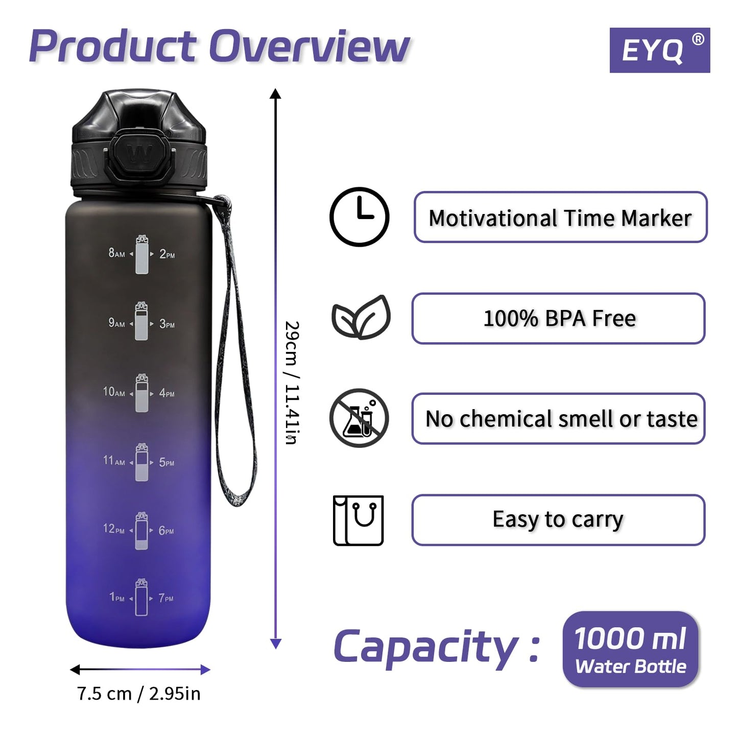 EYQ Water Bottle 1L / 500ML, 16oz / 32oz Leak-Proof Motivational Sports Drinks Bottle with Time Marker, Tritan BPA-Free, Drinking Waterbottles for Fitness, School, Gym, Outdoor Sports
