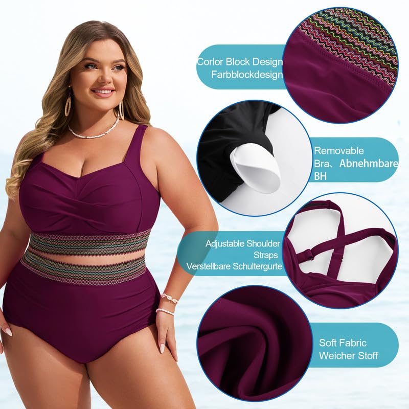 Women's Plus Size Bikini Set Tummy Control Swimwear Twist Cross Push Up Bikini Top and High Waist Bikini Bottoms Soft Swimming Costume Curvy Swimsuits with Adjustable Shoulder Straps