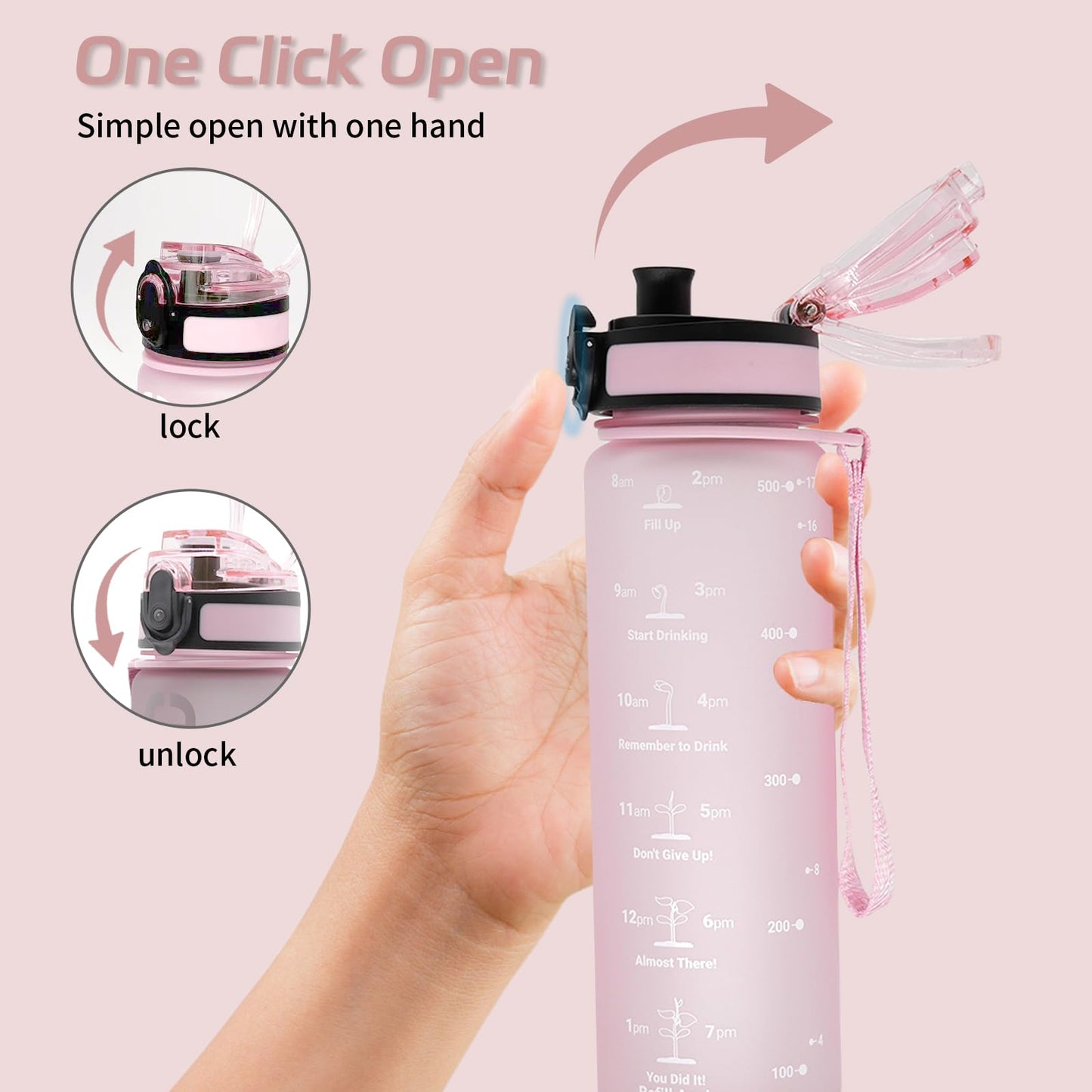 EYQ Water Bottle 1L / 500ML, 16oz / 32oz Leak-Proof Motivational Sports Drinks Bottle with Time Marker, Tritan BPA-Free, Drinking Waterbottles for Fitness, School, Gym, Outdoor Sports