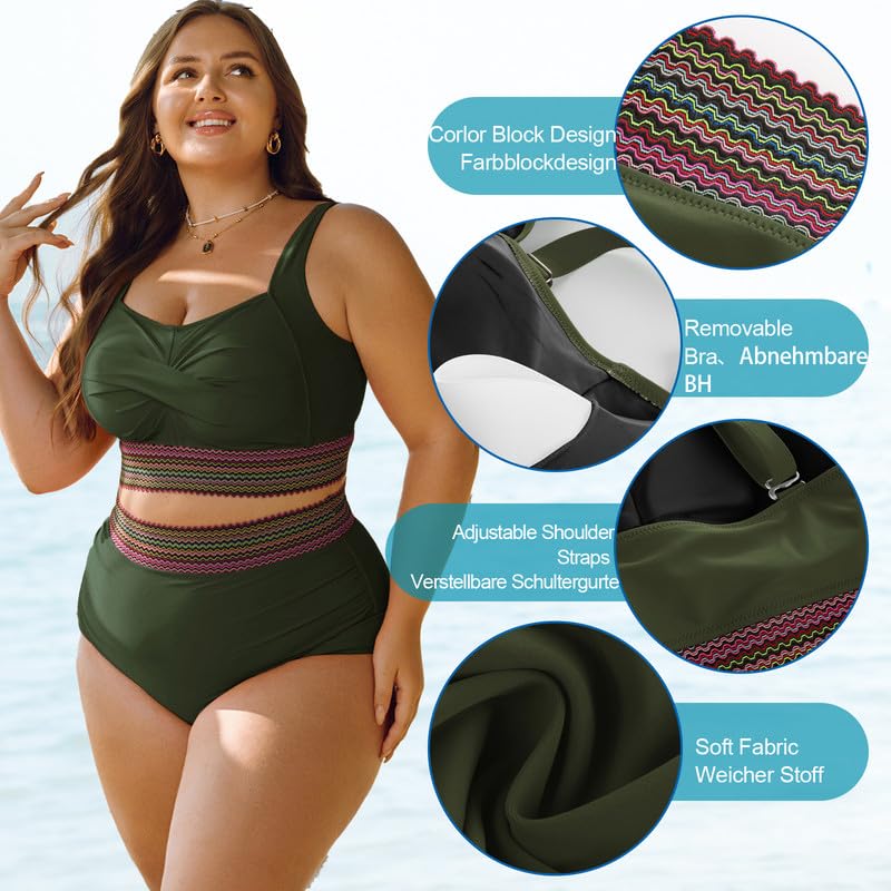 Women's Plus Size Bikini Set Tummy Control Swimwear Twist Cross Push Up Bikini Top and High Waist Bikini Bottoms Soft Swimming Costume Curvy Swimsuits with Adjustable Shoulder Straps