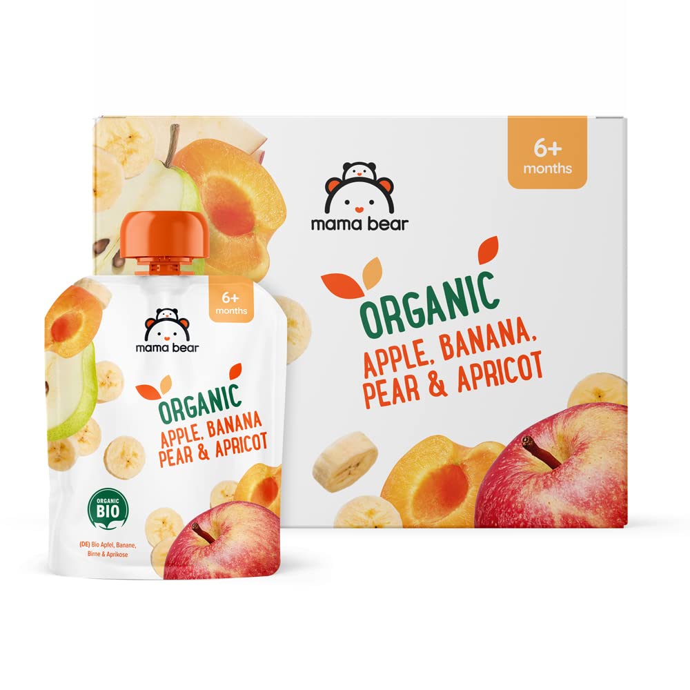 Amazon Brand - Mama Bear Fruit Pouch, Organic Apple, Banana and Strawberry Purée, vegetarian, 90 g (Pack of 6)