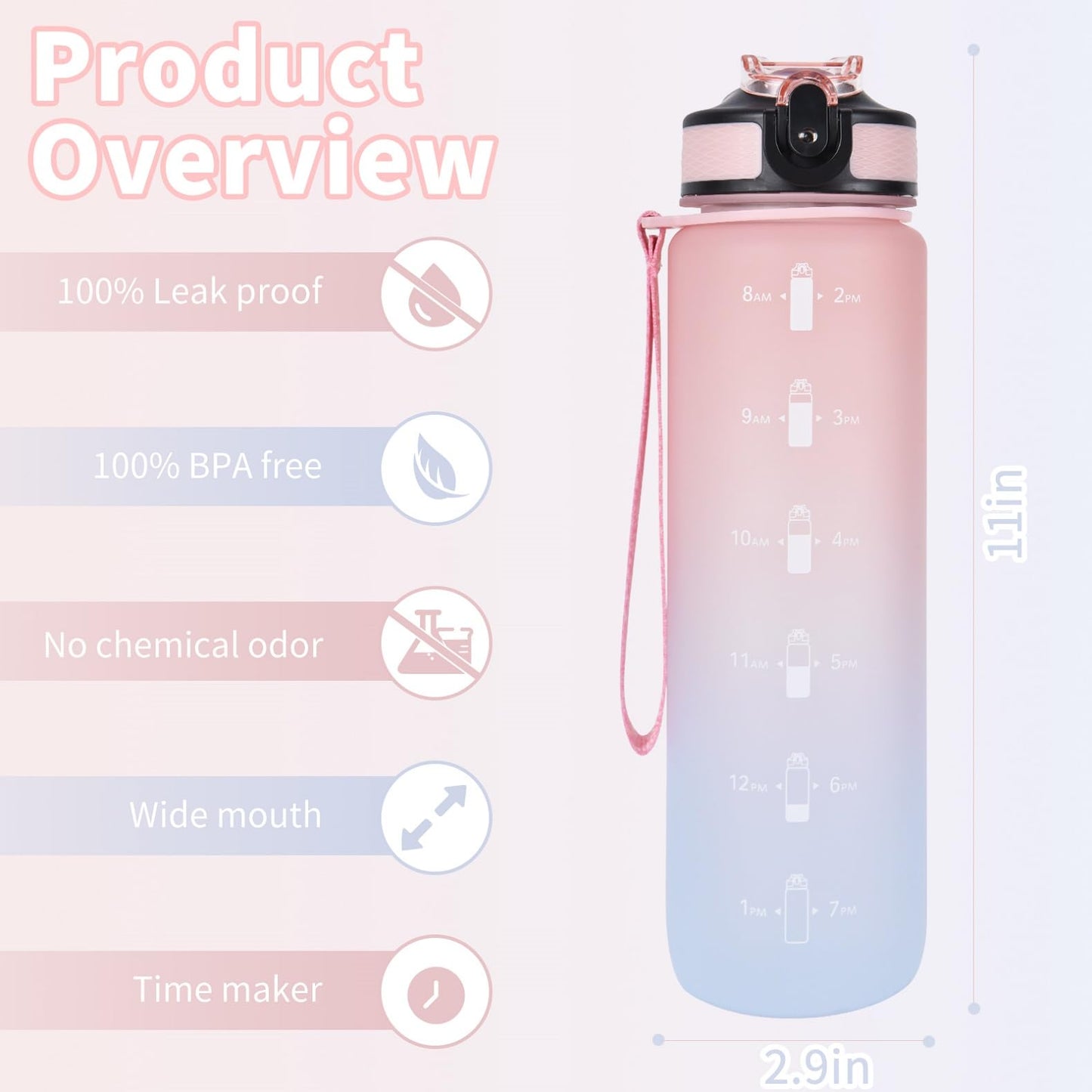 EYQ Water Bottle 1L / 500ML, 16oz / 32oz Leak-Proof Motivational Sports Drinks Bottle with Time Marker, Tritan BPA-Free, Drinking Waterbottles for Fitness, School, Gym, Outdoor Sports