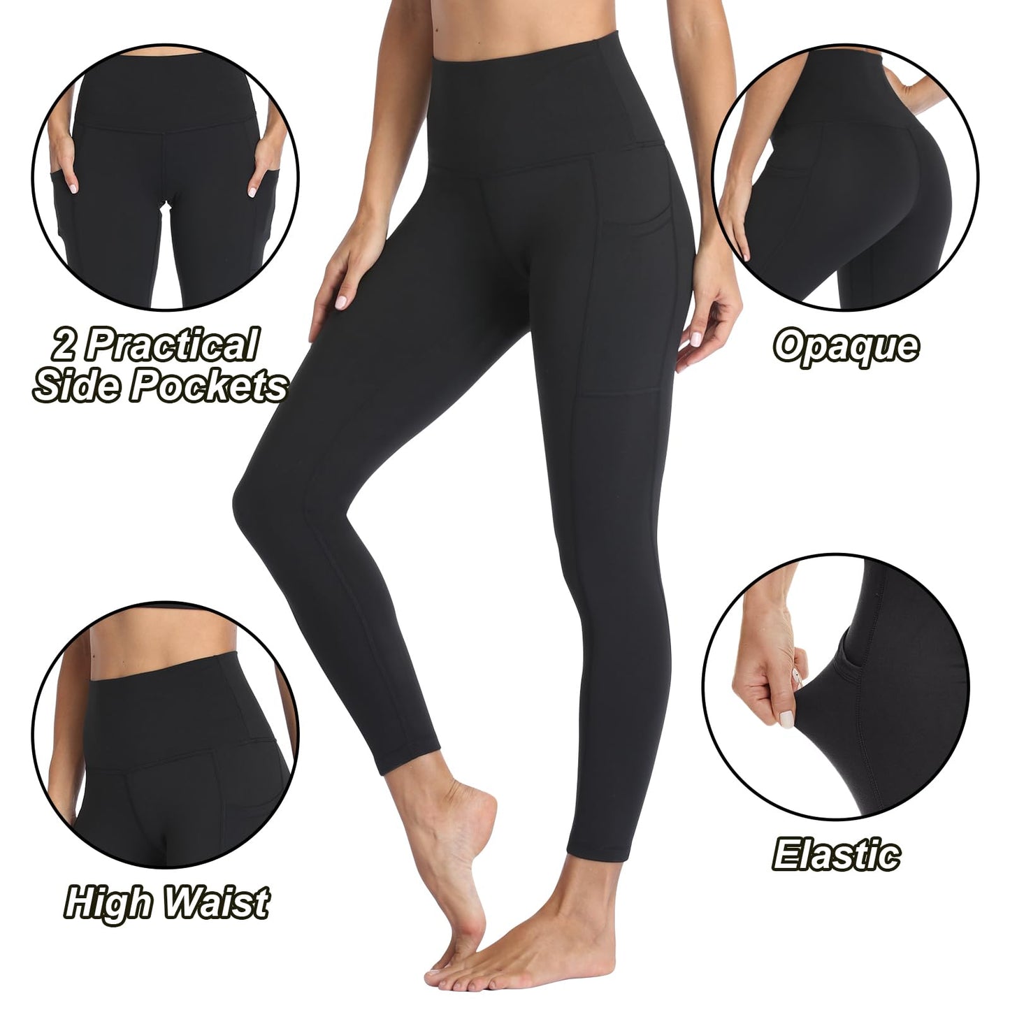 FOTOCITI Gym Leggings for Women with Pockets Black High Waisted Leggings Soft Elastic Opaque Tummy Control Slim Trousers Sports Workout Running Yoga Pants