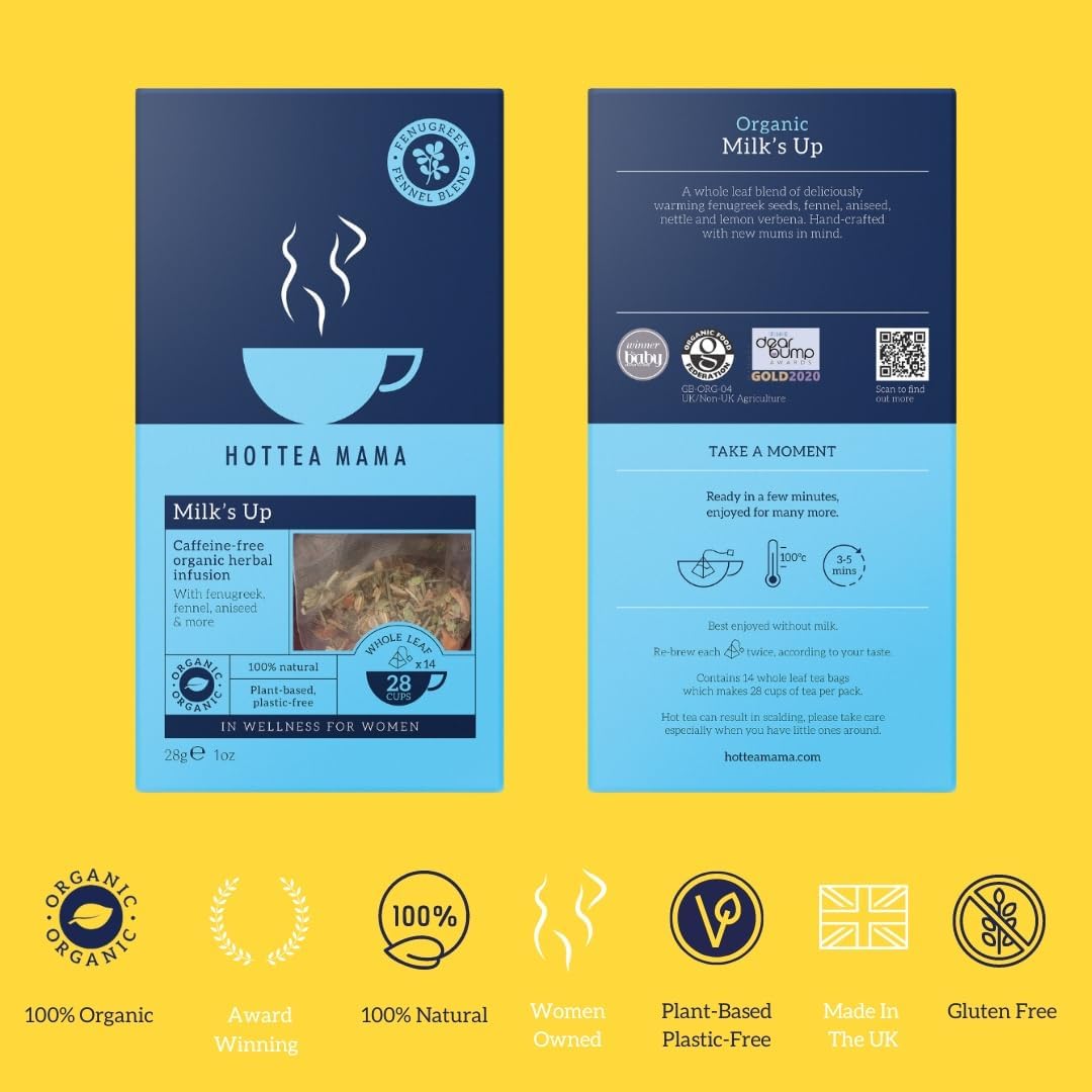 HOTTEA MAMA | Milk’s Up | Breastfeeding & Lactation Support Tea | Organic Fenugreek & Fennel | Caffeine-Free | Herbal Tea | 14 Whole Leaf Biodegradable Bags - Makes 28 Cups