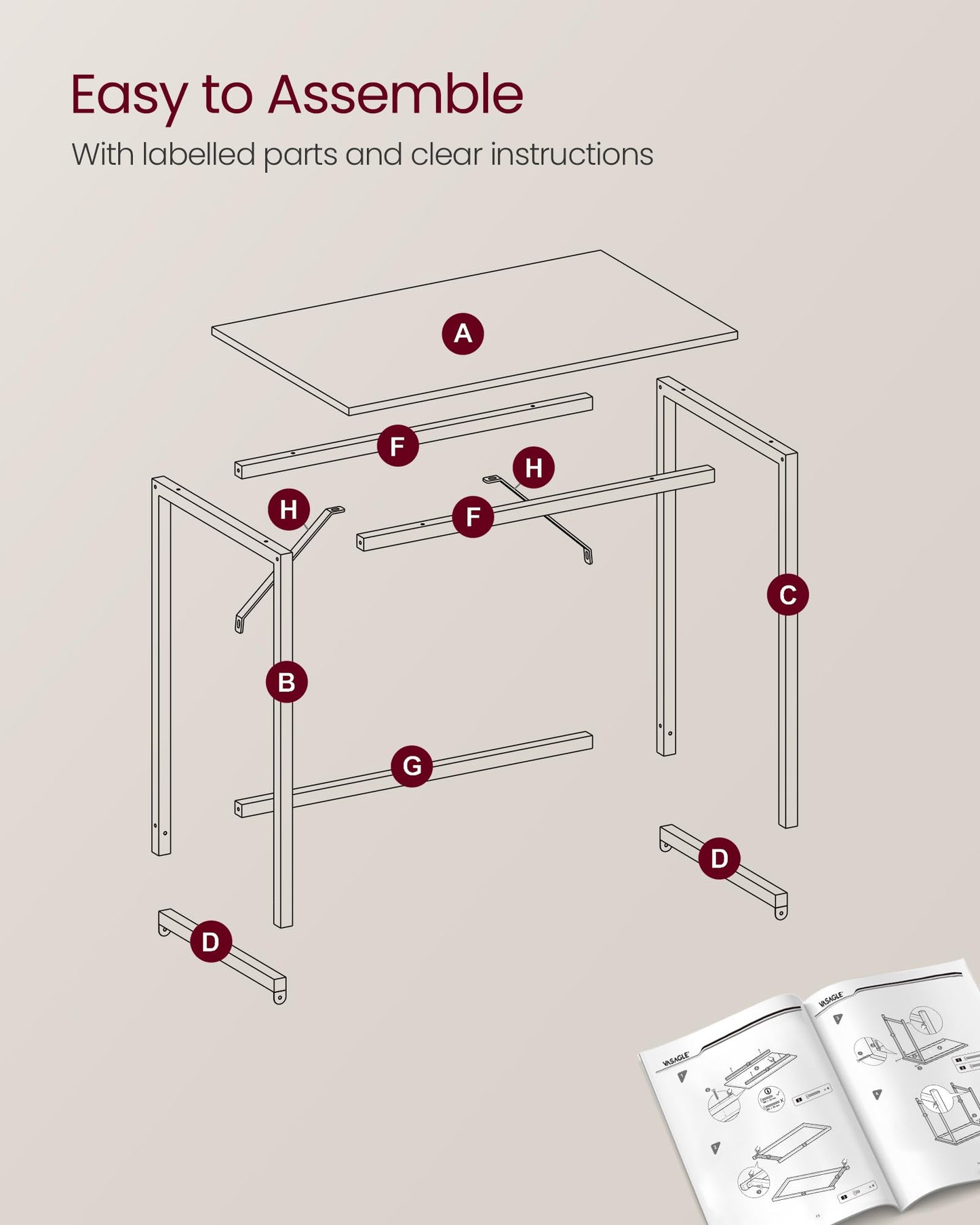 VASAGLE Computer Desk, Writing Desk, Small Office Table