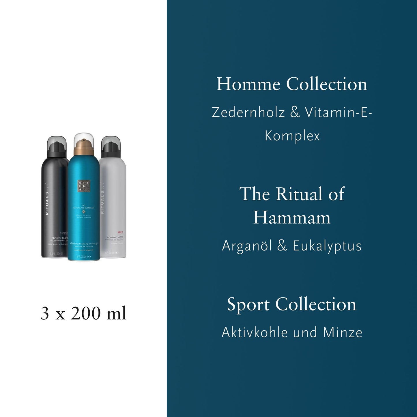 RITUALS Shower Foam Value Pack – The Ritual of Hammam, Sport and Homme - full size foaming shower gels - 3 x 200 ml