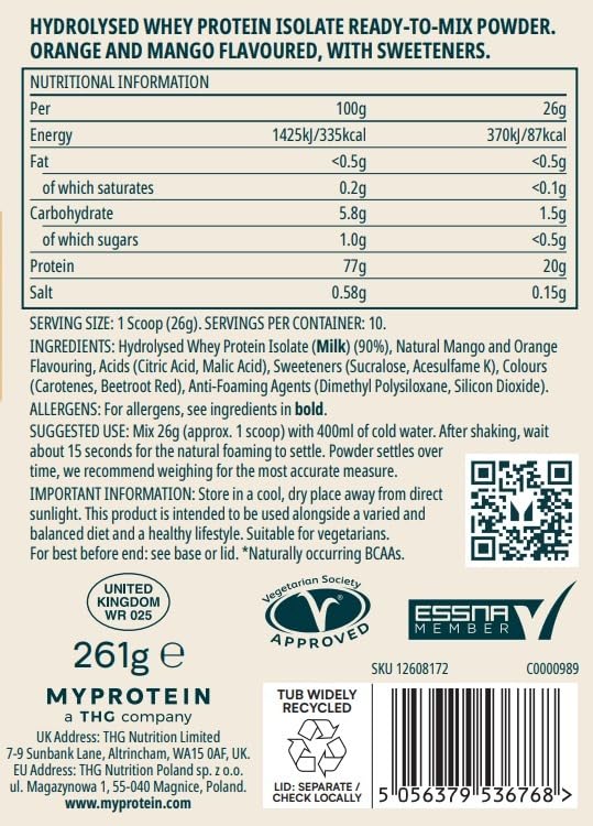 Myprotein Clear Whey Isolate, Peach Tea, 20 Servings