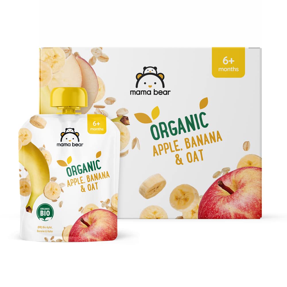 Amazon Brand - Mama Bear Fruit Pouch, Organic Apple, Banana and Strawberry Purée, vegetarian, 90 g (Pack of 6)