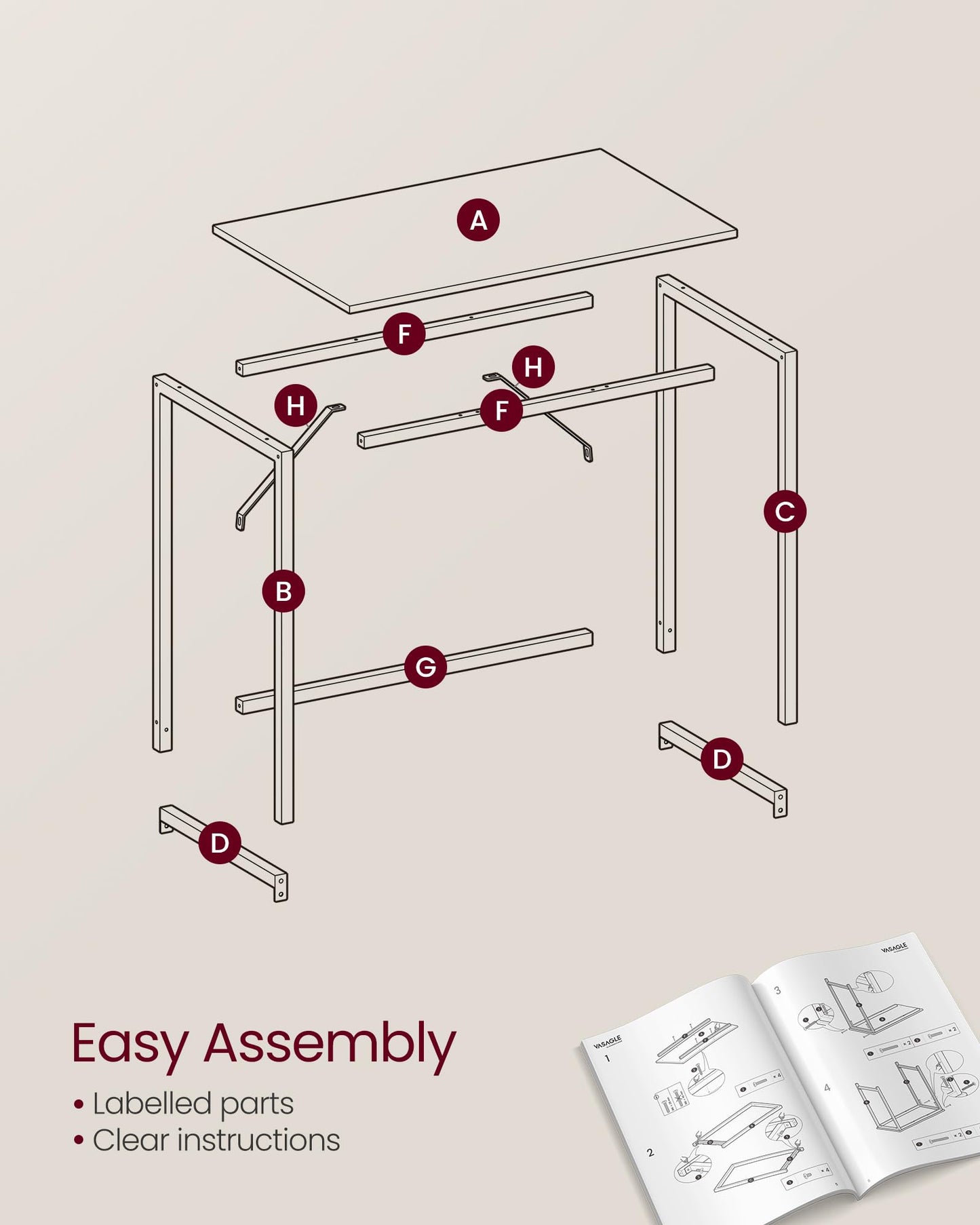 VASAGLE Computer Desk, Writing Desk, Small Office Table